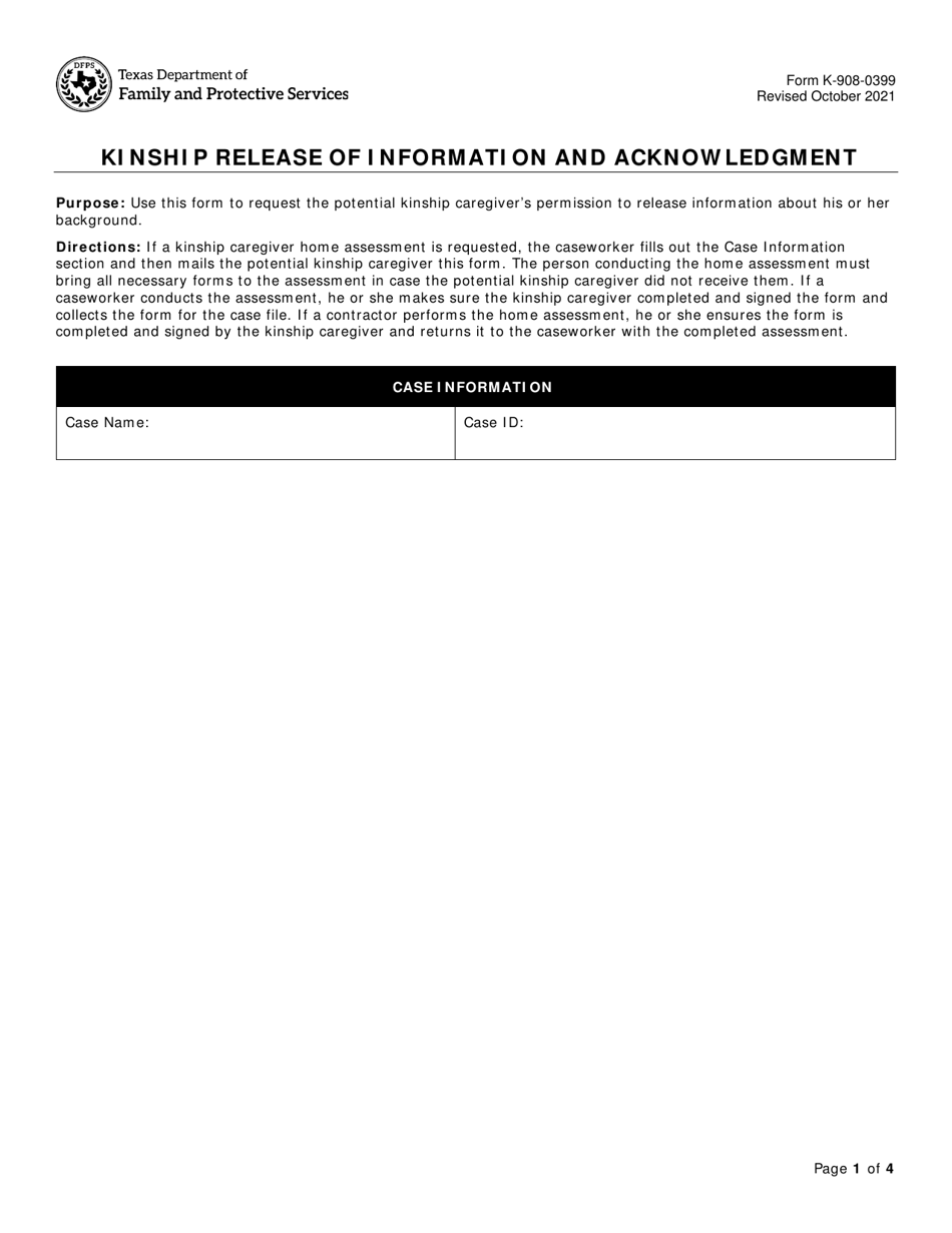 Form K-908-0399 Kinship Release of Information and Acknowledgment - Texas, Page 1