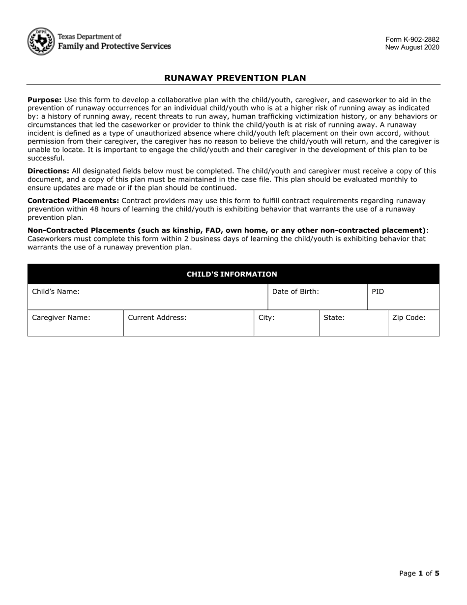 Form K-902-2882 Runaway Prevention Plan - Texas, Page 1