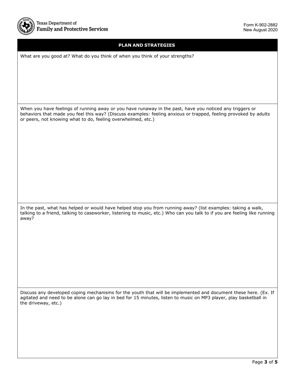 Form K-902-2882 Runaway Prevention Plan - Texas, Page 3