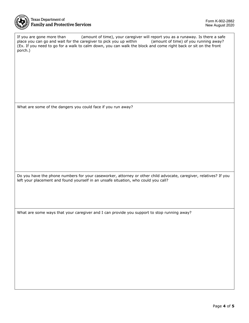 Form K-902-2882 Runaway Prevention Plan - Texas, Page 4