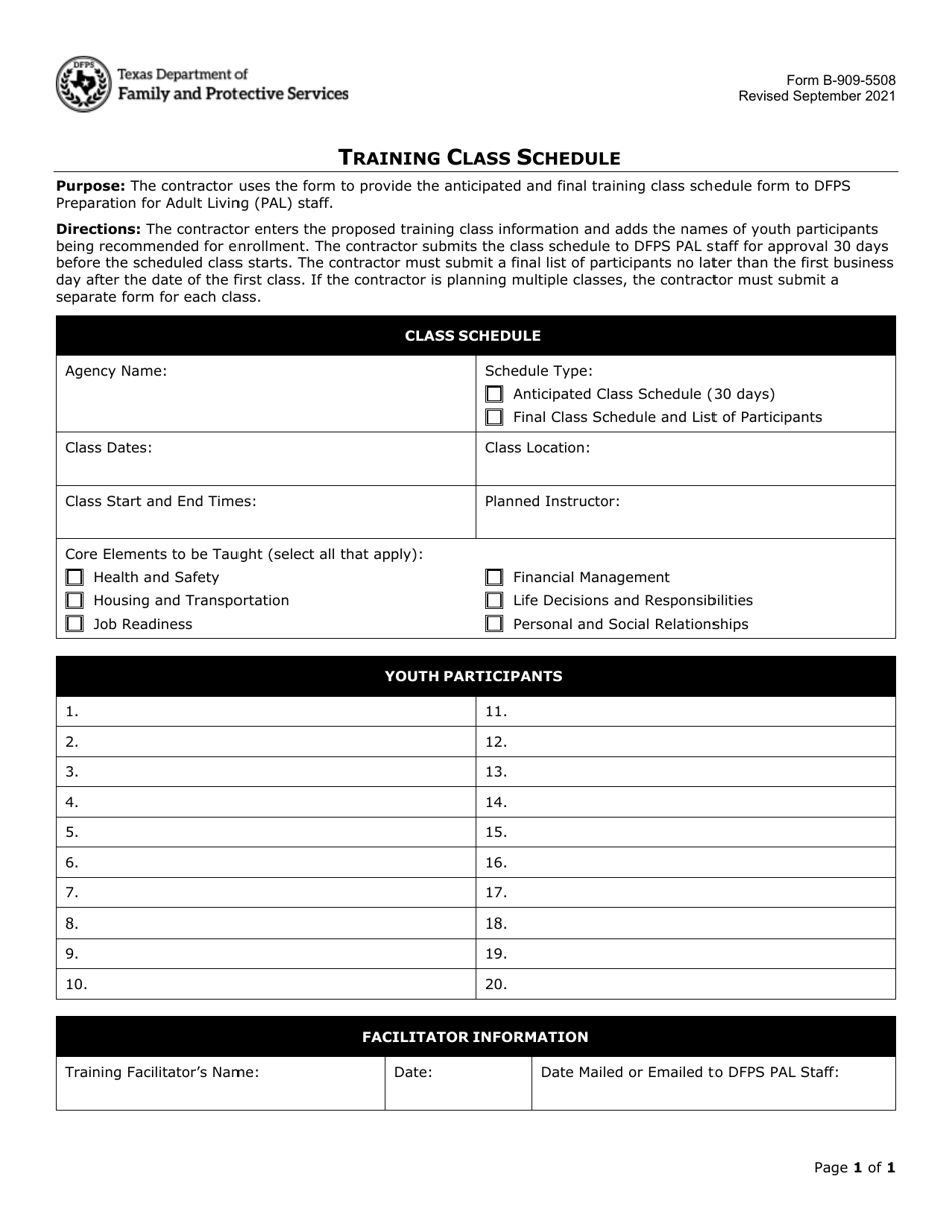 Form B-909-5508 Training Class Schedule - Texas, Page 1