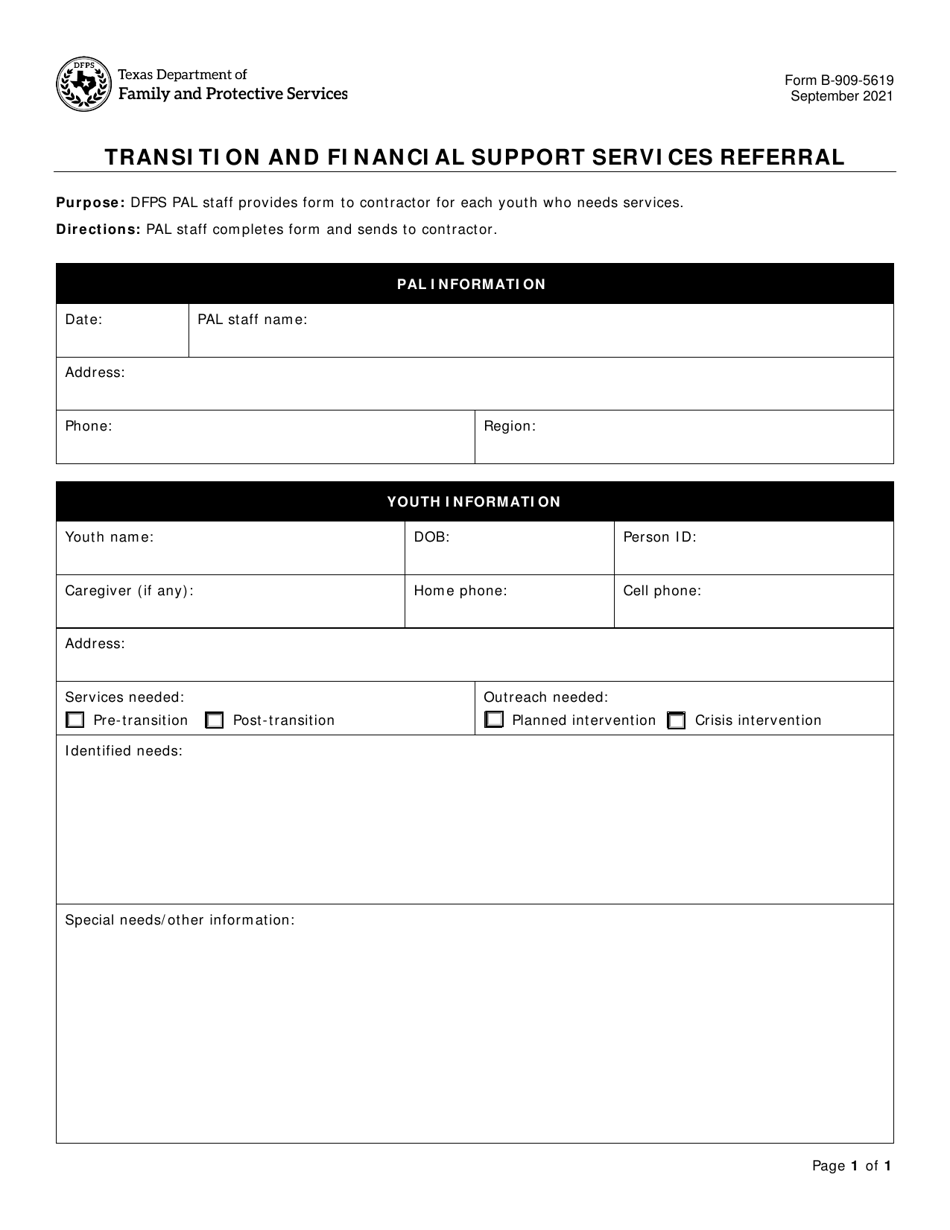 Form B-909-5619 Transition and Financial Support Services Referral - Texas, Page 1