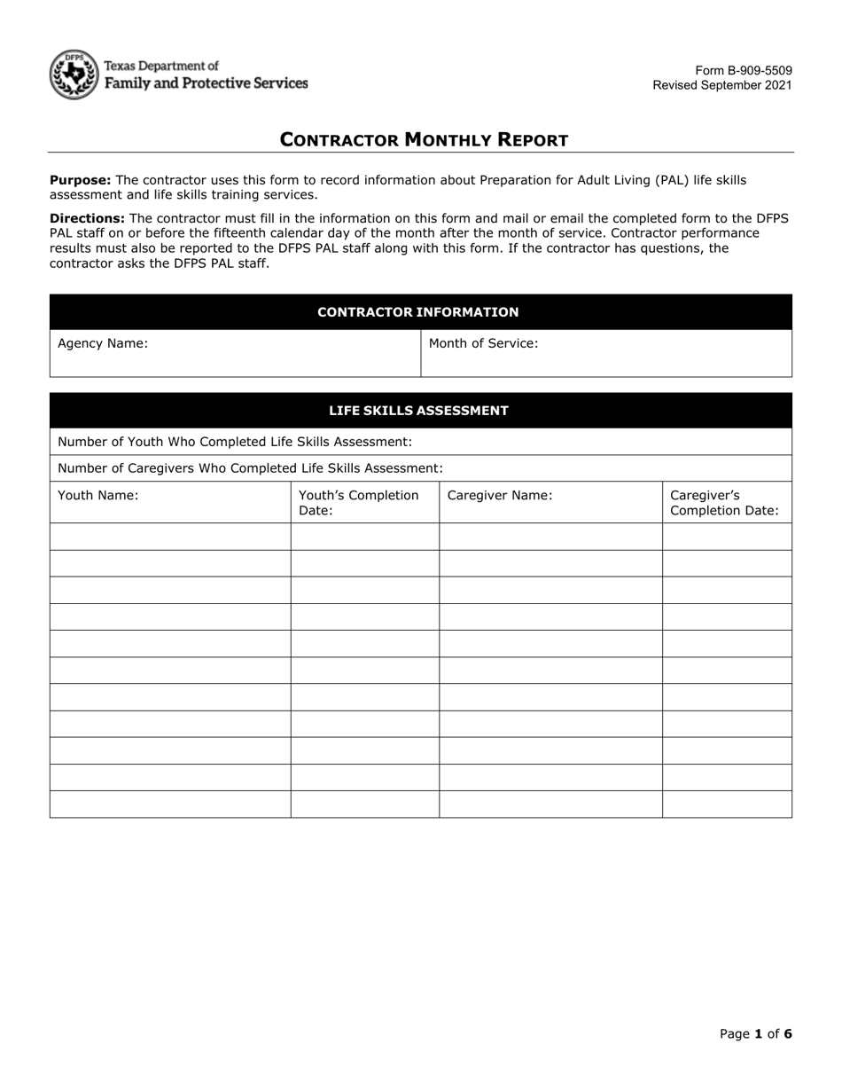 Form B-909-5509 Contractor Monthly Report - Texas, Page 1