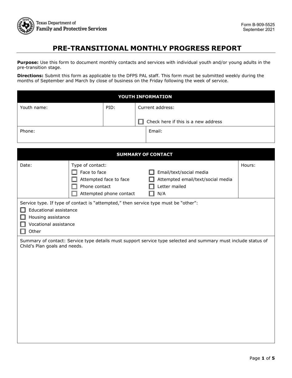 Form B-909-5525 Pre-transitional Monthly Progress Report - Texas, Page 1