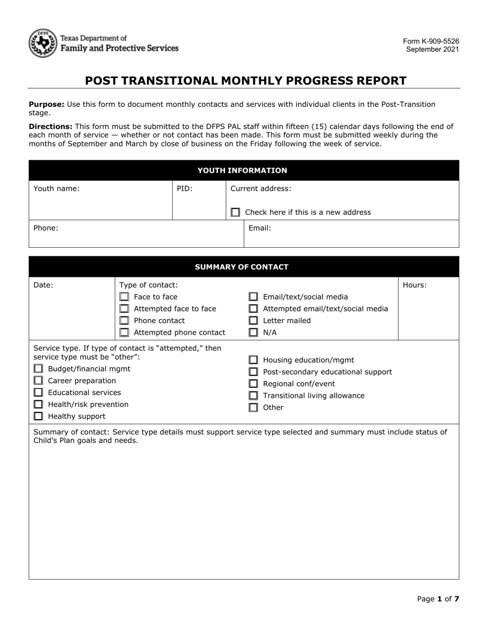 Form K-909-5526 Post Transitional Monthly Progress Report - Texas, Page 1