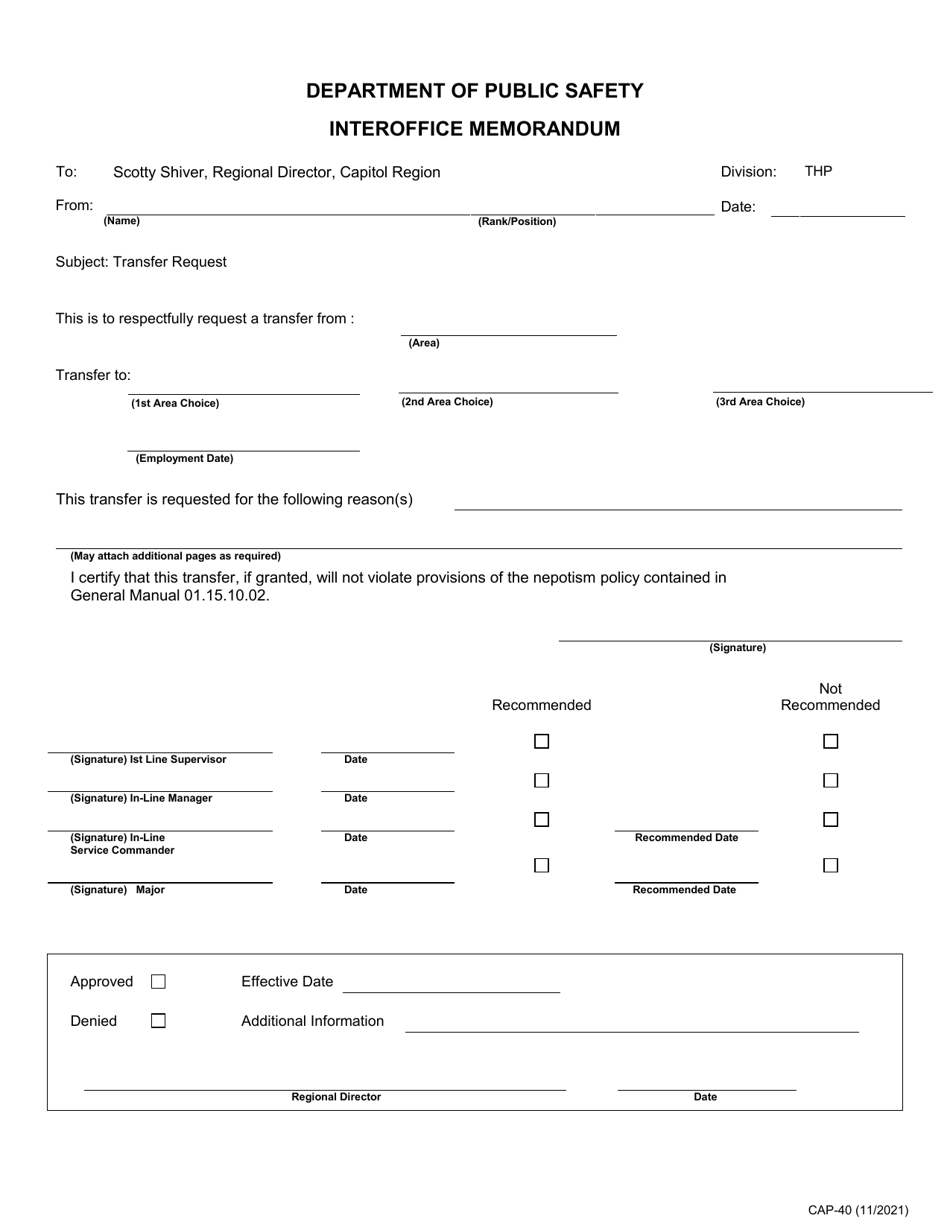 Form CAP-40 Security Officer-Specialist Transfer Form - Texas, Page 1
