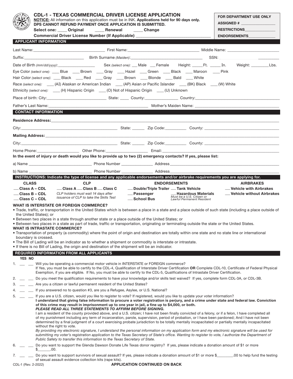 Form CDL-1 Texas Commercial Driver License Application - Texas, Page 1