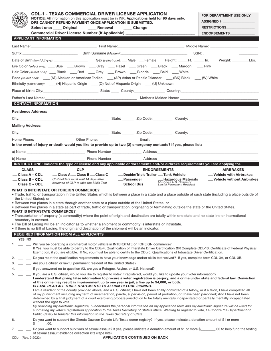 Form Cdl 1 Download Fillable Pdf Or Fill Online Texas Commercial Driver License Application 1756