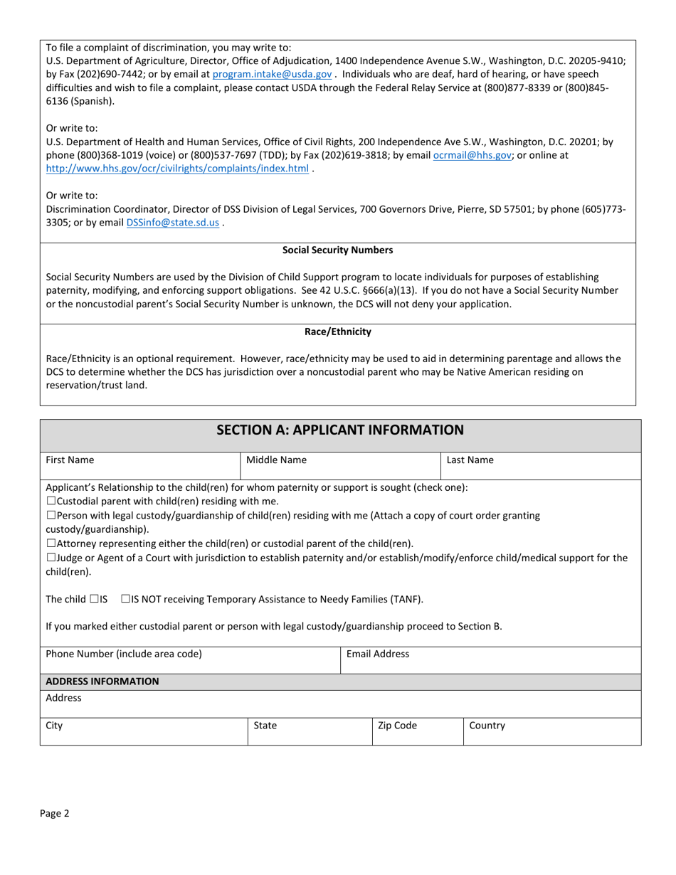 Form DSS-SE-406 Application for State Parent Locator Services - South Dakota, Page 2