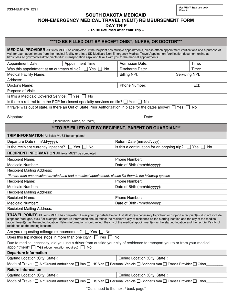 Form DSS-NEMT-970 Non-emergency Medical Travel (Nemt) Reimbursement Form - Day Trip - South Dakota, Page 1