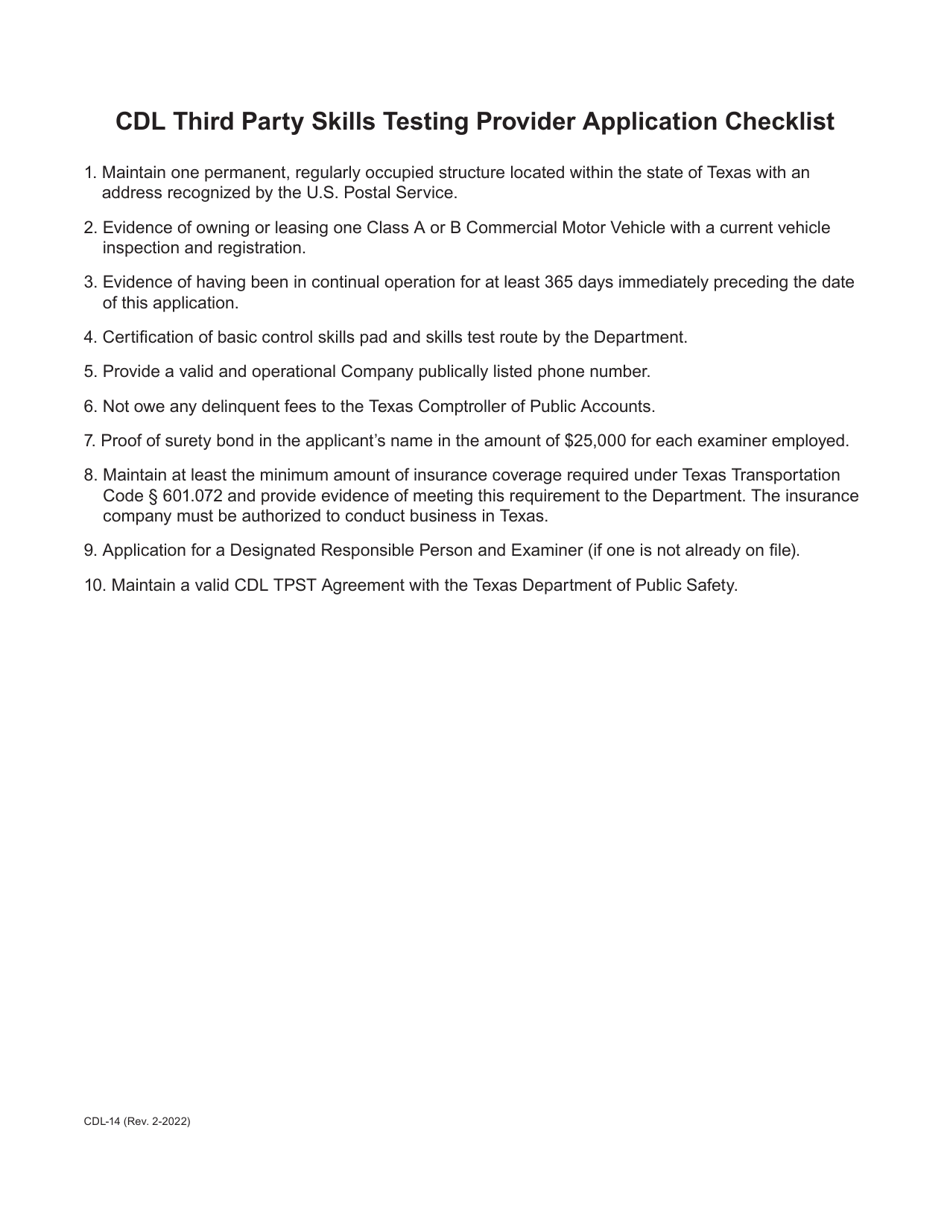 Form CDL-14 Cdl Third Party Skills Testing Provider Application Checklist - Texas, Page 1