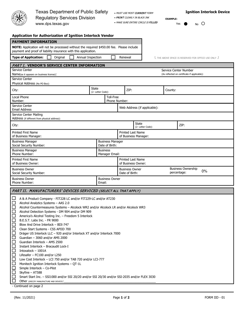 Form IID-01 Application for Authorization of Ignition Interlock Vendor - Texas, Page 1