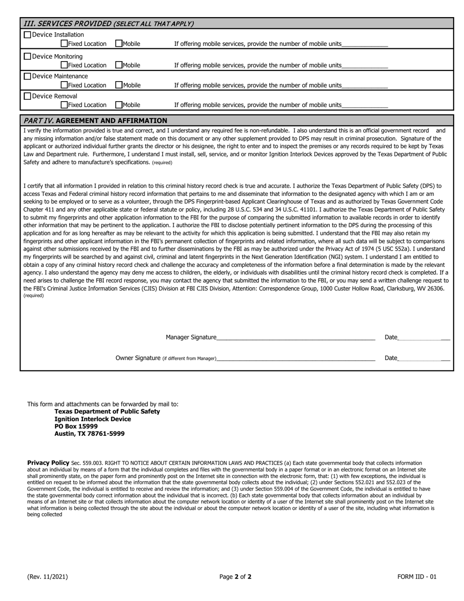 Form IID-01 Application for Authorization of Ignition Interlock Vendor - Texas, Page 2
