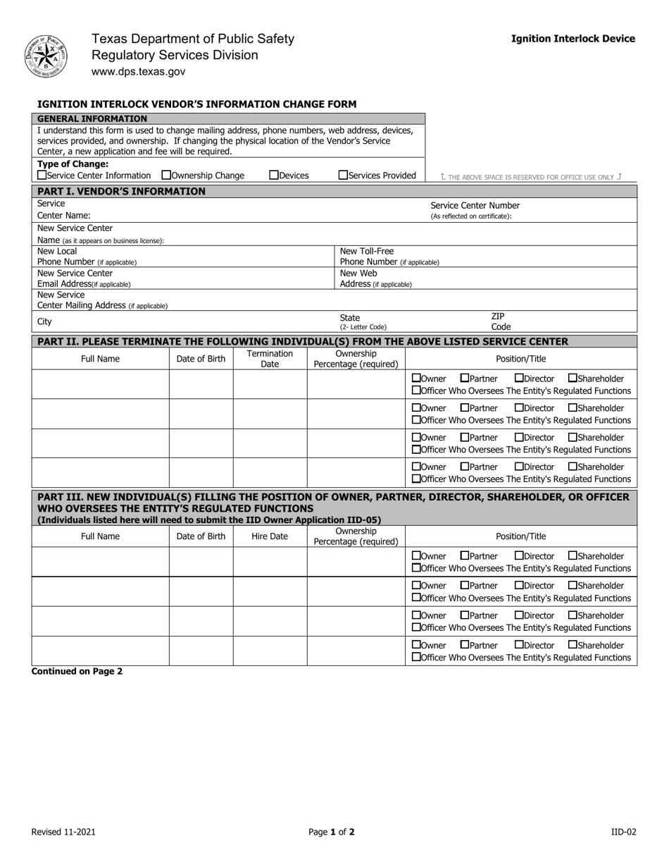 Form IID-02 Ignition Interlock Vendors Information Change Form - Texas, Page 1