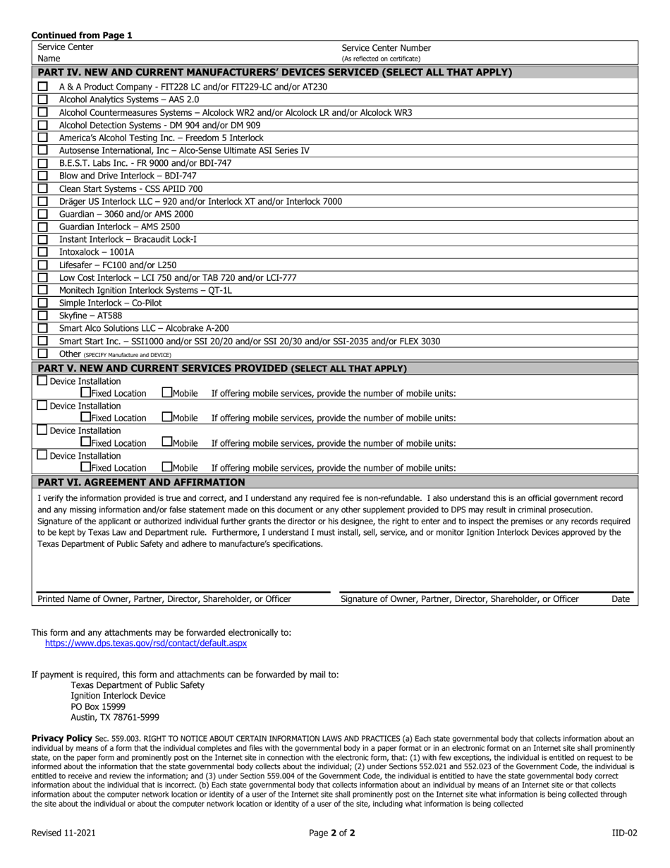 Form IID-02 Ignition Interlock Vendors Information Change Form - Texas, Page 2