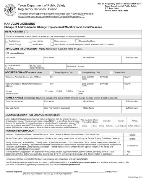 Form LTC-70 Handgun Licensing Change of Address/Name Change/Replacement/Modification/Lawful Presence - Texas