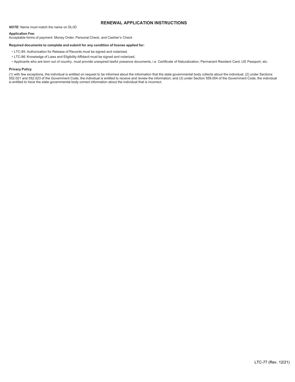 Form LTC-77 Handgun Licensing Renewal Application - Texas, Page 2