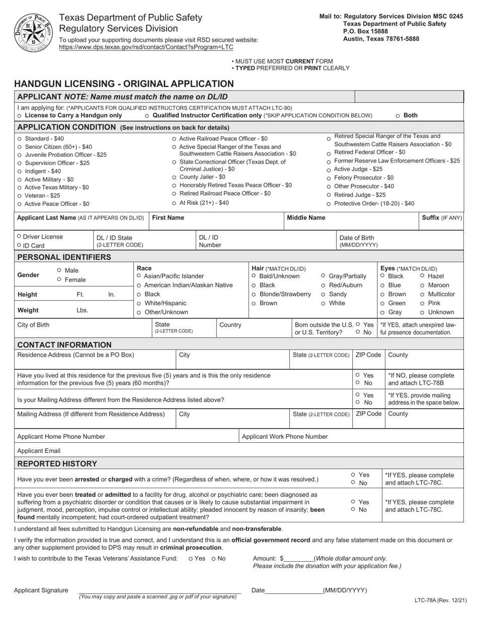 Form LTC-78A Handgun Licensing - Original Application - Texas, Page 1