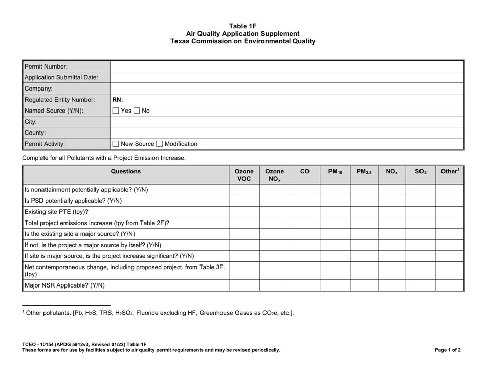 Form TCEQ-10154 Table 1F Air Quality Application Supplement - Texas, Page 1