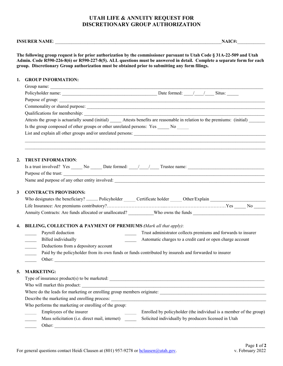 Utah Life  Annuity Request for Discretionary Group Authorization - Utah, Page 1