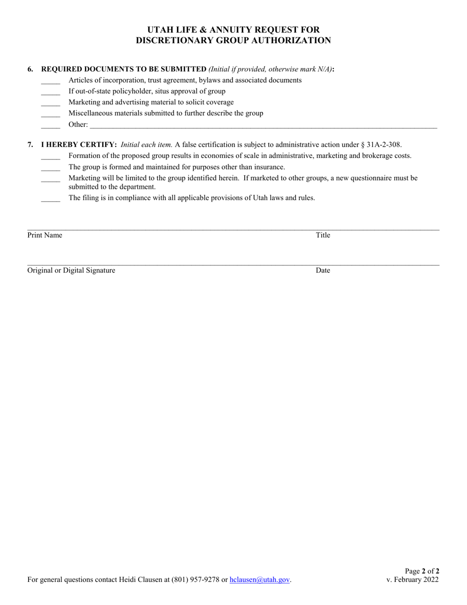 Utah Life  Annuity Request for Discretionary Group Authorization - Utah, Page 2