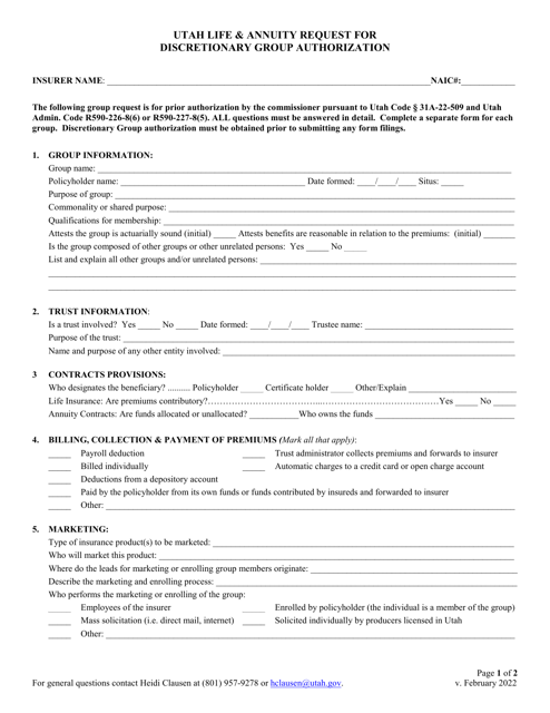 Utah Life & Annuity Request for Discretionary Group Authorization - Utah Download Pdf