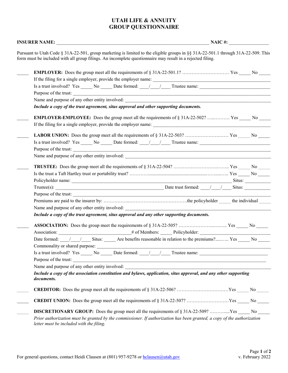 Utah Life  Annuity Group Questionnaire - Utah, Page 1