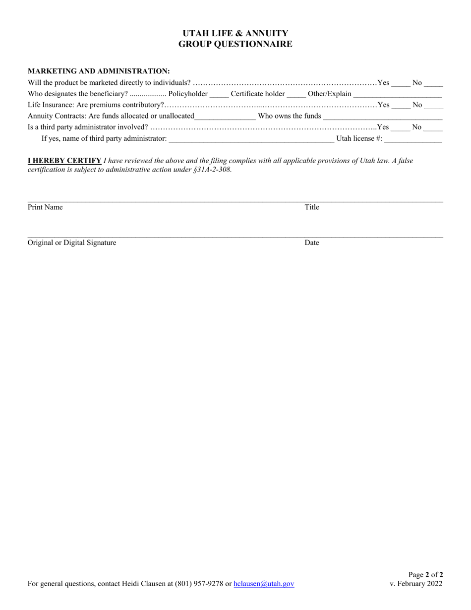 Utah Life  Annuity Group Questionnaire - Utah, Page 2