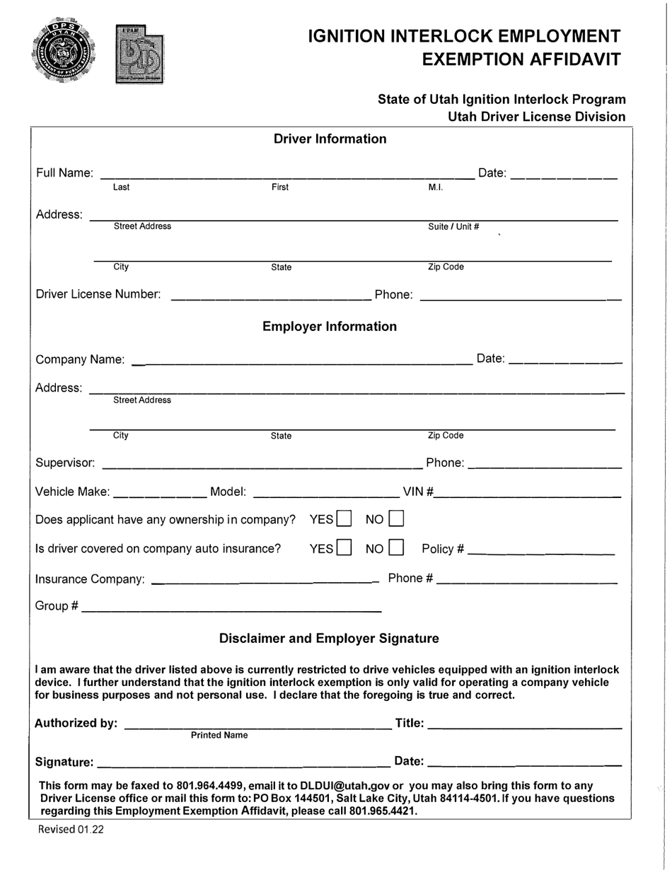 Utah Ignition Interlock Employment Exemption Affidavit State of Utah