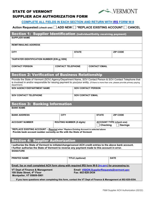 Supplier ACH Authorization Form - Vermont Download Pdf