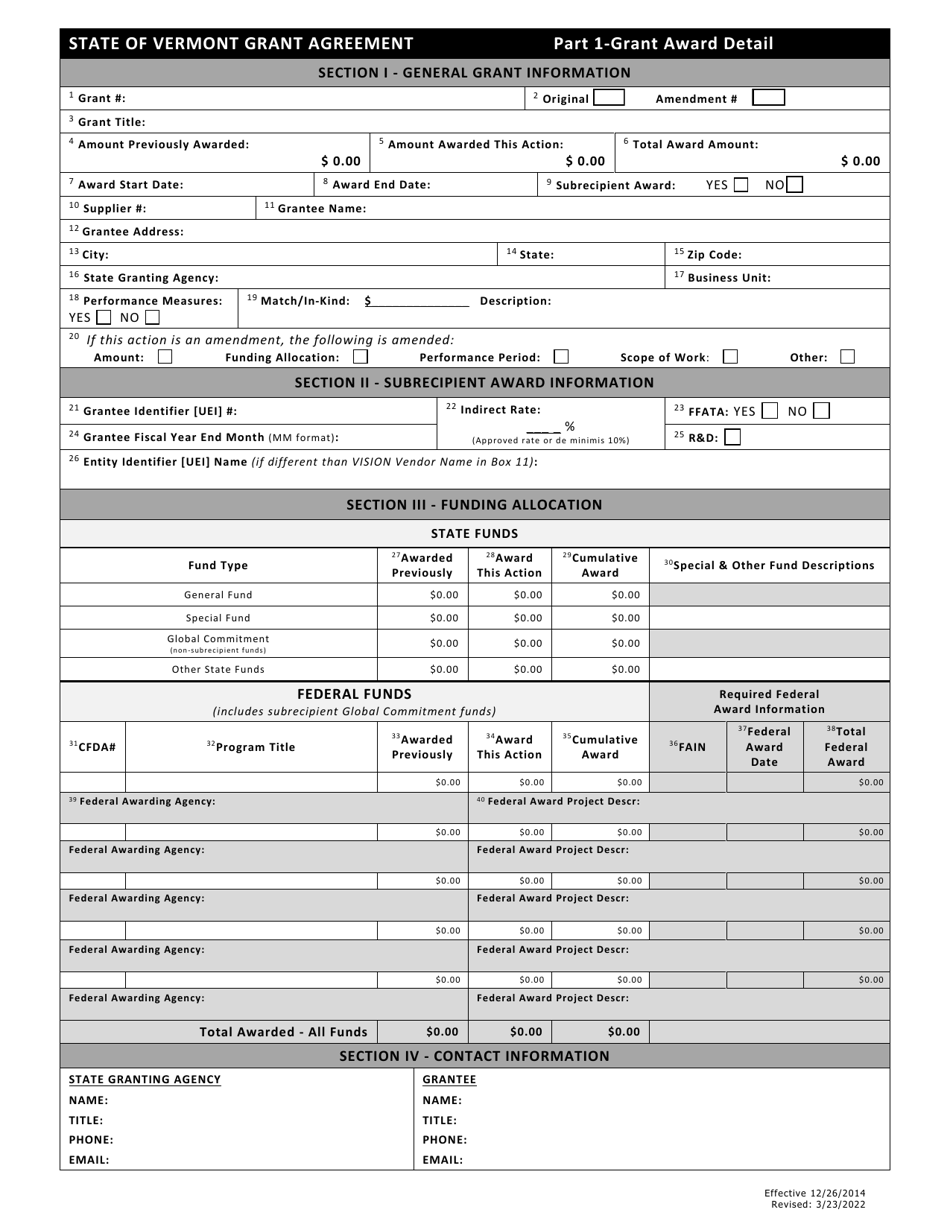 Part 1 State of Vermont Grant Agreement - Grant Award Detail - Vermont, Page 1