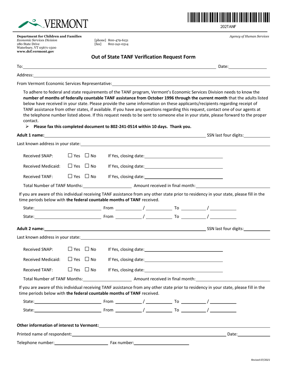Form 202TANF Out of State TANF Verification Request Form - Vermont, Page 1