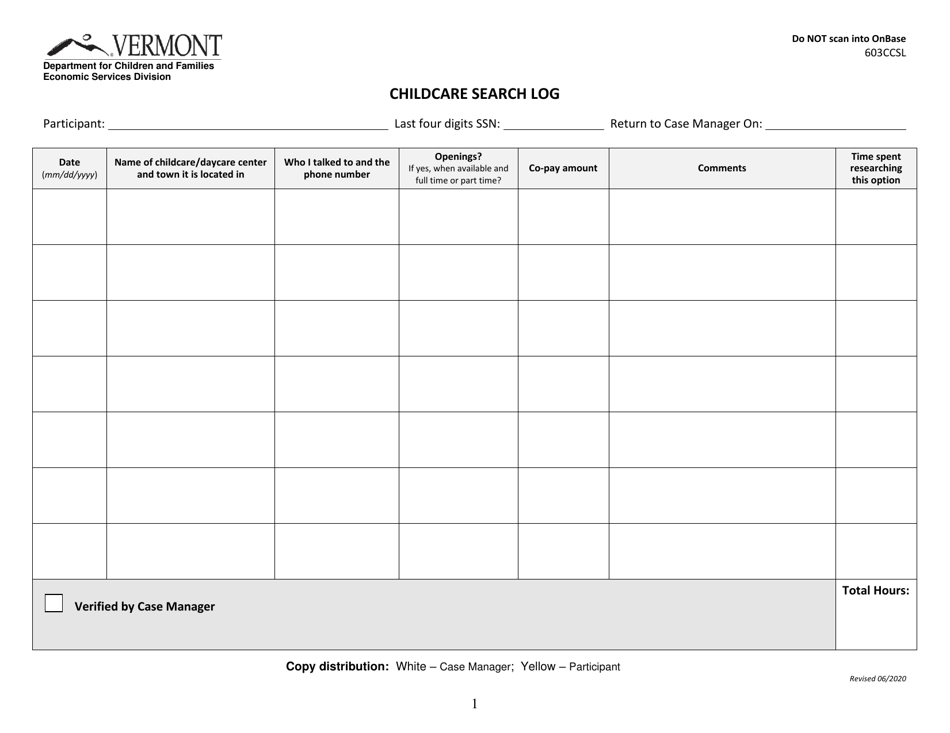 Form 603CCSL Childcare Search Log - Vermont, Page 1
