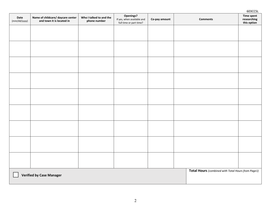 Form 603CCSL Childcare Search Log - Vermont, Page 2