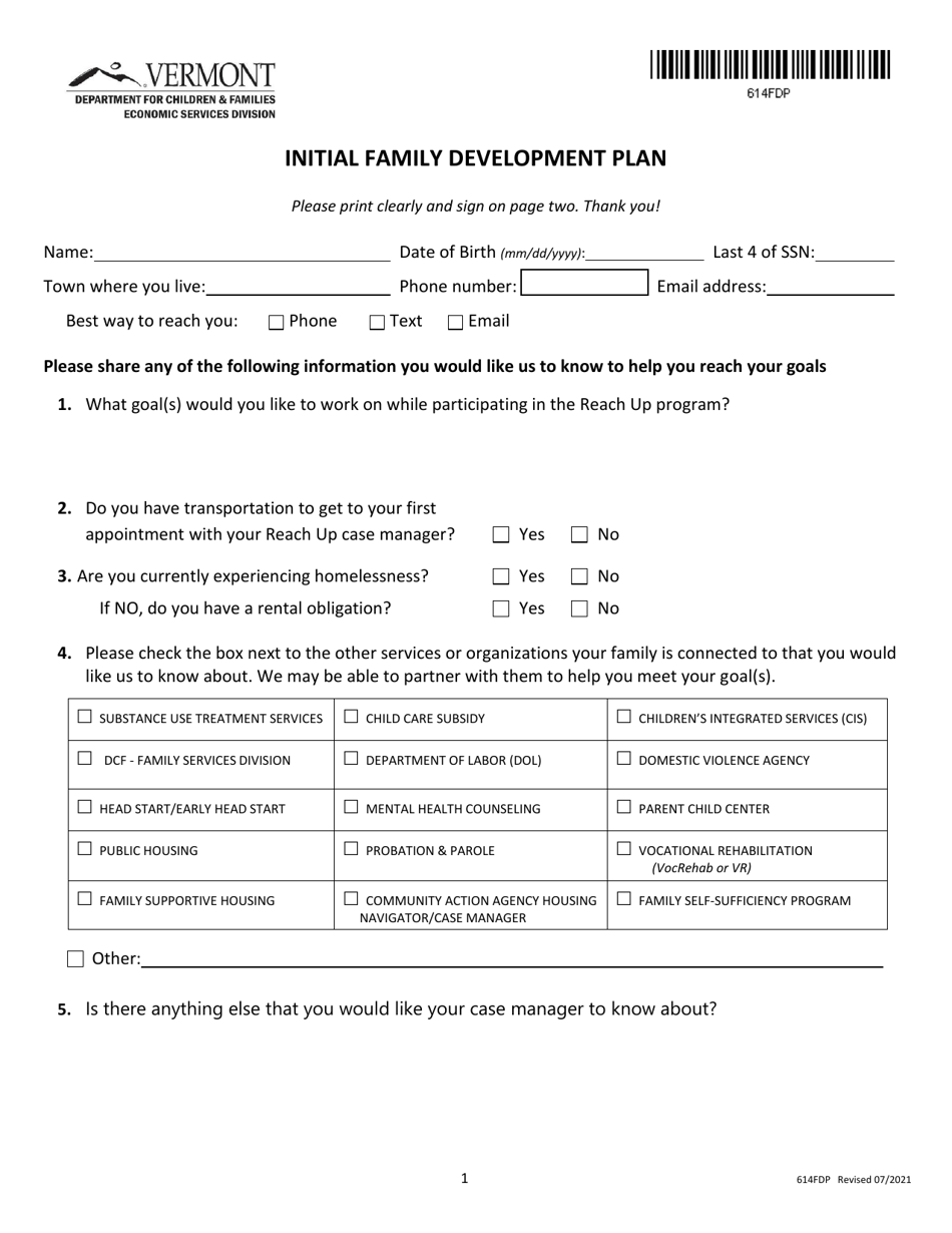 Form 614FDP Initial Family Development Plan - Vermont, Page 1
