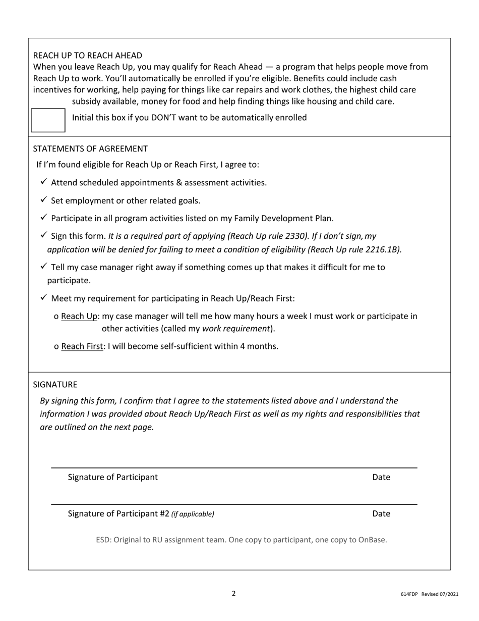 Form 614FDP Initial Family Development Plan - Vermont, Page 2