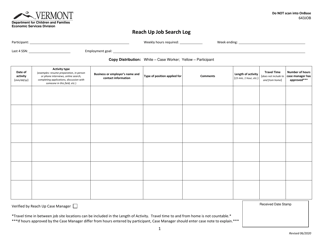 Document preview: Form 643JOB Reach up Job Search Log - Vermont