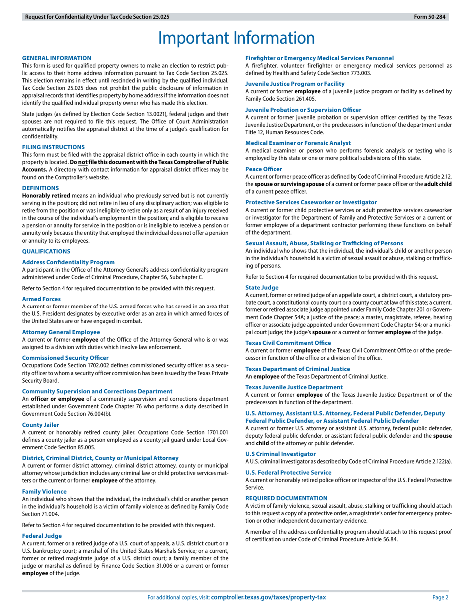 Form 50-284 Request for Confidentiality Under Tax Code Section 25.025 - Texas, Page 2