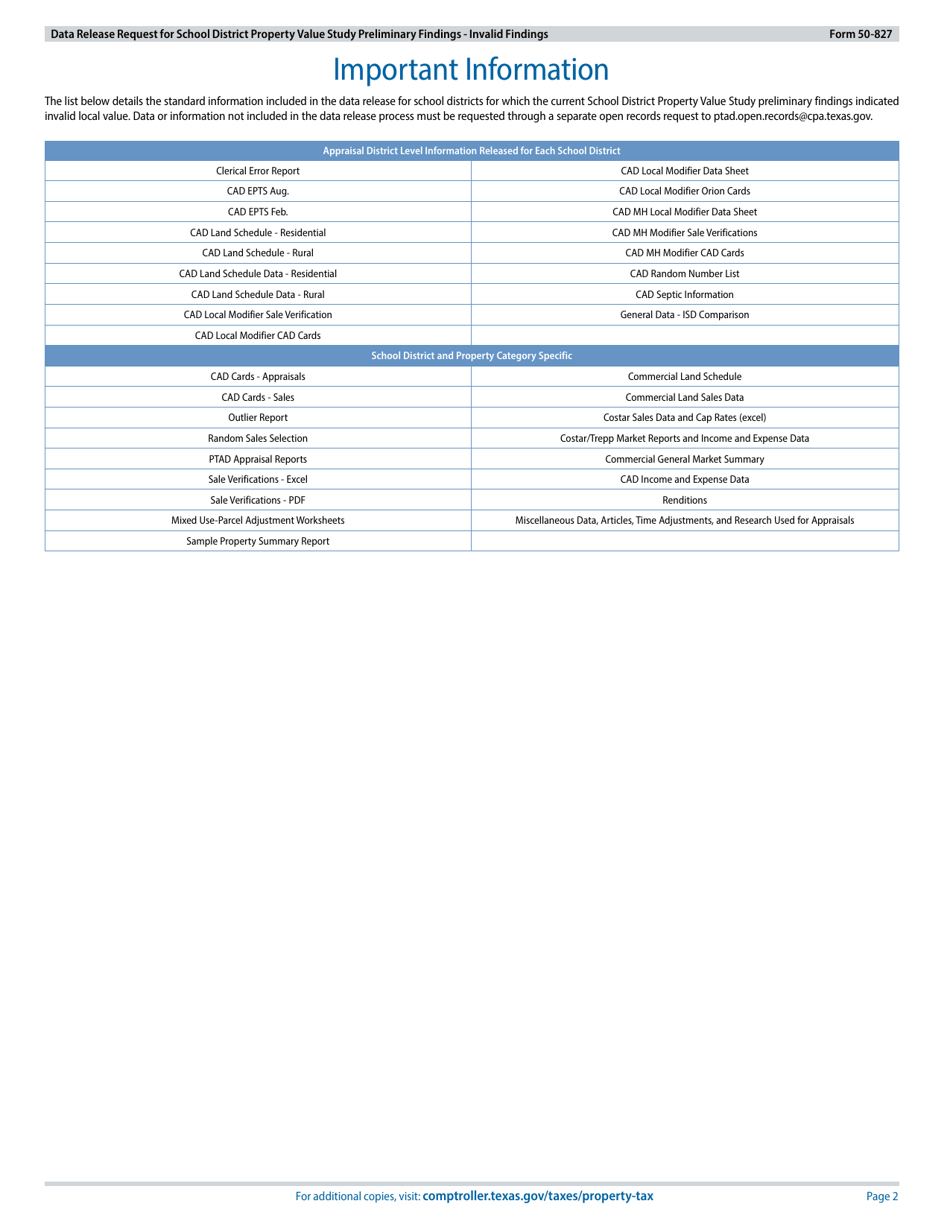 Form 50-827 Data Release Request for School District Property Value Study Preliminary Findings - Invalid Findings - Texas, Page 2
