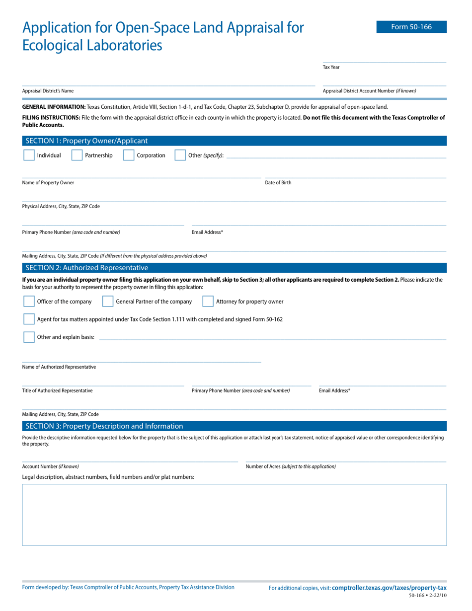 Form 50-166 Application for Open-Space Land Appraisal for Ecological Laboratories - Texas, Page 1