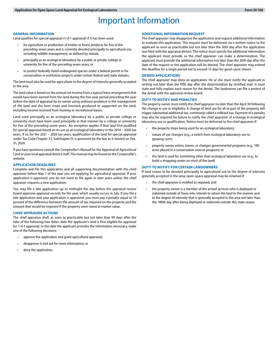 Form 50-166 Application for Open-Space Land Appraisal for Ecological Laboratories - Texas, Page 4