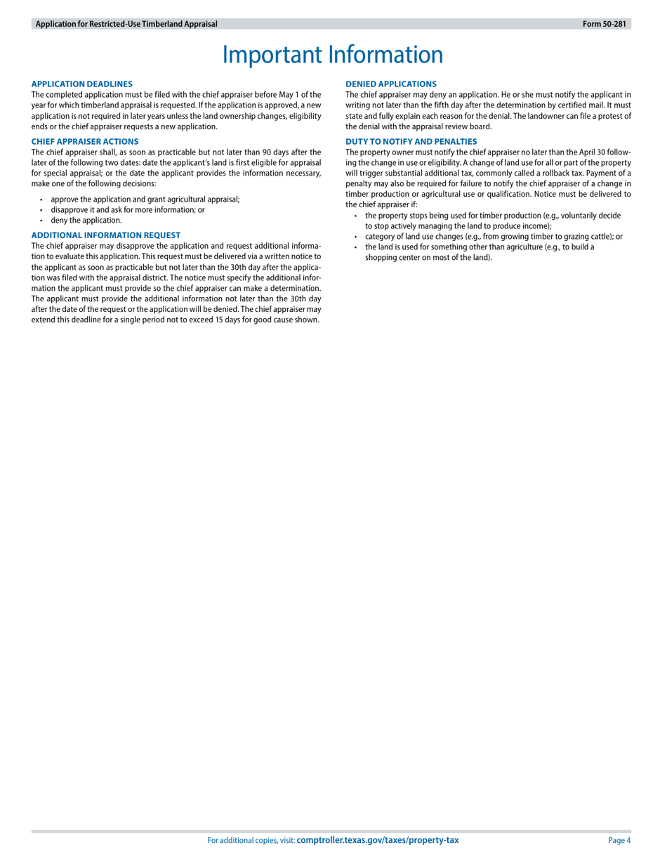 Form 50-281 Application for Restricted-Use Timberland Appraisal - Texas, Page 4