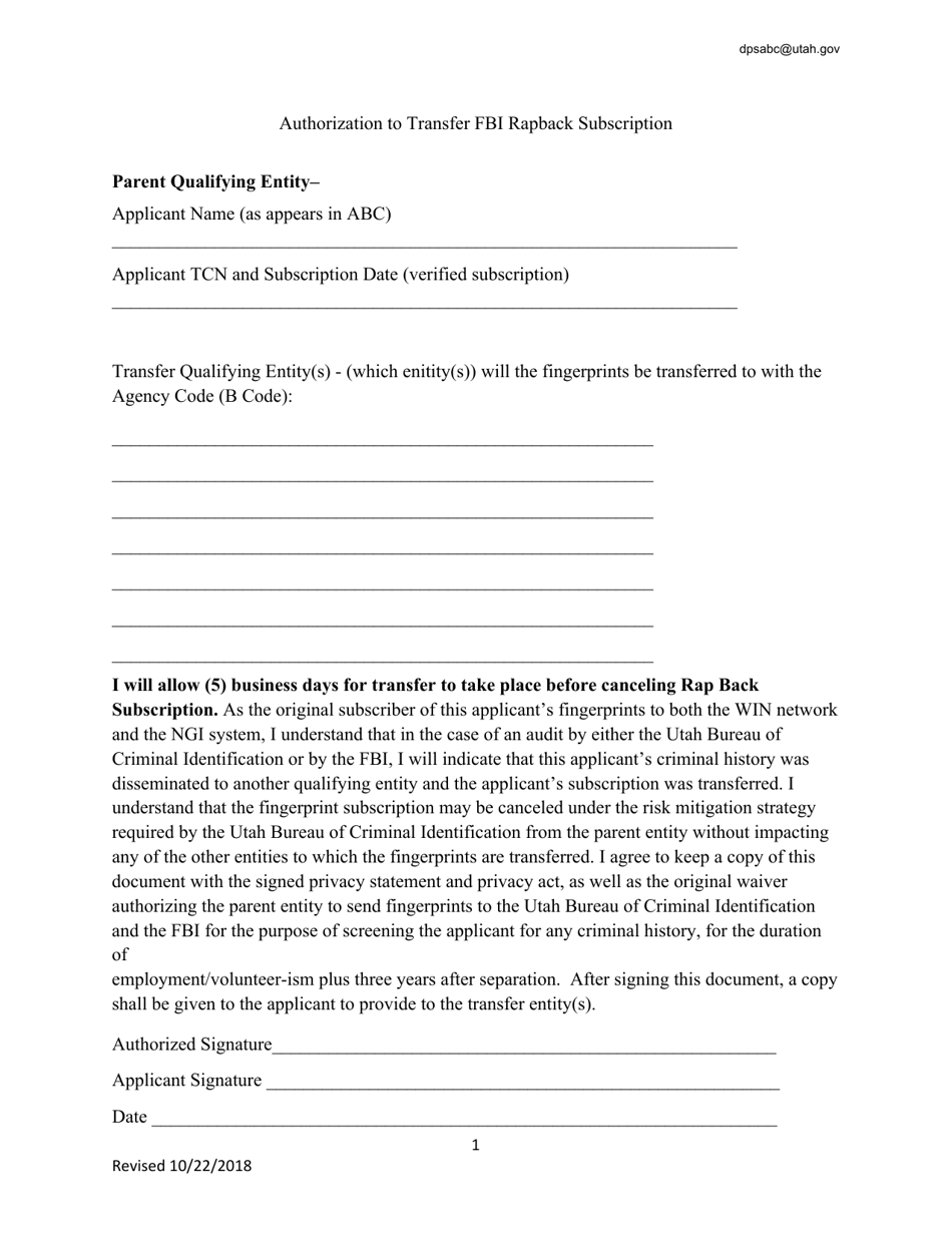 Authorization to Transfer Fbi Rapback Subscription - Ncpa / Vca - Utah, Page 1