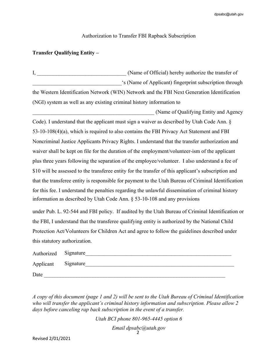 Authorization to Transfer Fbi Rapback Subscription - Ncpa / Vca - Utah, Page 2