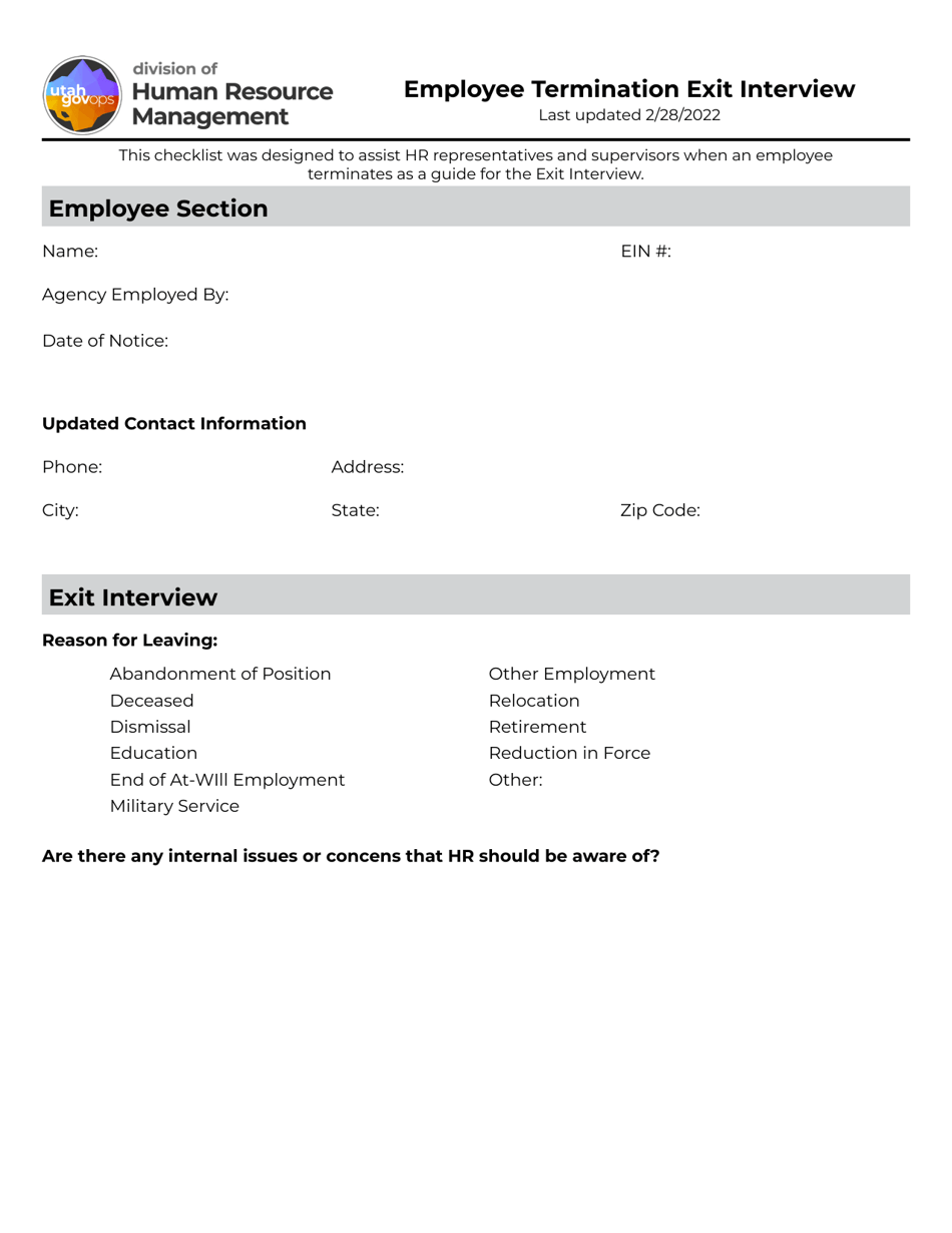 Employee Termination Exit Interview - Utah, Page 1