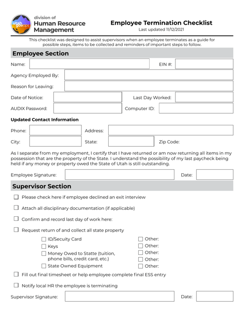 Employee Termination Checklist - Utah Download Pdf