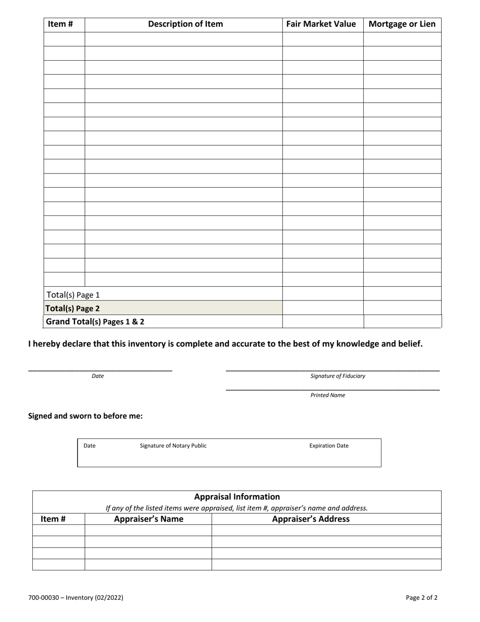 Form 700-00030 Inventory Schedule - Vermont, Page 2
