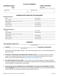 Document preview: Form 400-00815 Summons and Complaint for Annulment - Vermont