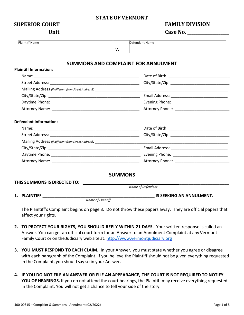 Form 400-00815 Summons and Complaint for Annulment - Vermont, Page 1