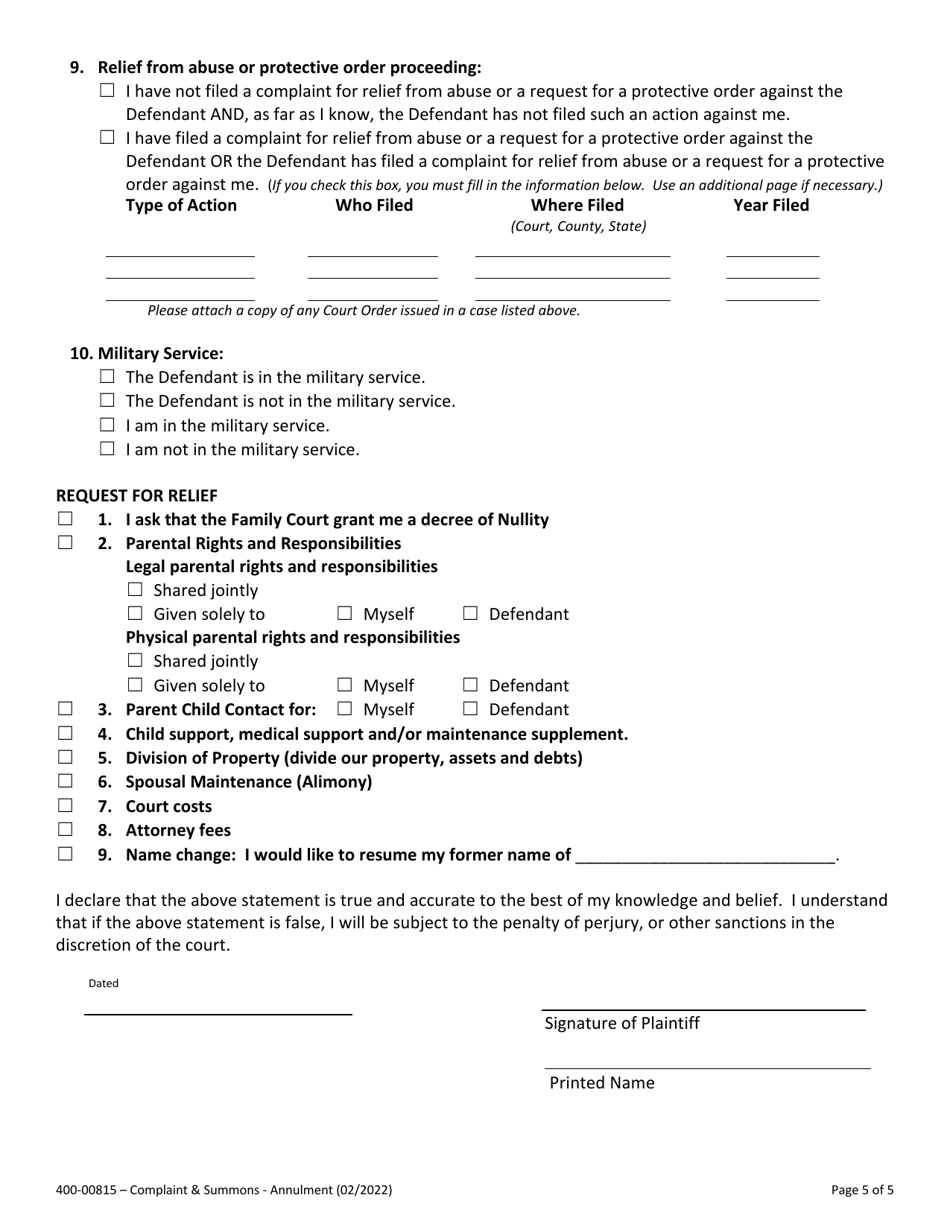 Form 400-00815 Summons and Complaint for Annulment - Vermont, Page 5